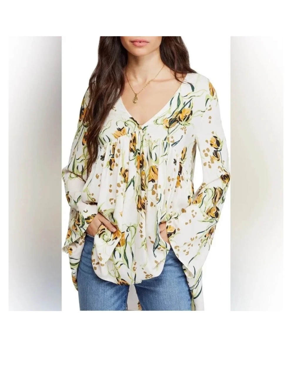 Free People White Floral V-Neck Bell Sleeve Tunic Top
